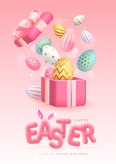 Happy Easter typography background with colorful easter eggs, open gift box and 3D text. Greeting card or poster. Vector illustration