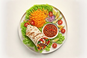  a plate of food with a burrito, beans, tomatoes, lettuce, and a side of salads on it with a side.  generative ai