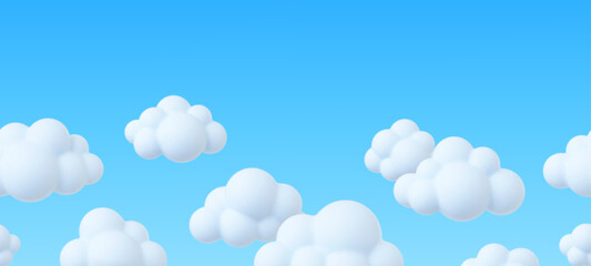 Clouds in blue sky, 3d white cloud seamless banner. Fluffy bubbles, spring summer seasonal cloudy weather. Decorative rendering vector background