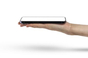 Phone in hand isolate on PNG transparent background. A modern smartphone lies on the palm with the screen up, side view, mockup for insertion into the project.