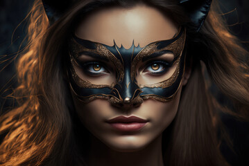 A portrait of an attractive woman wearing a black and gold carnival mask on eyes and cat ears. Created with Generative AI, no one recognisable. Not a real person.