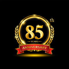 85th Anniversary logo design with golden color laurel wreath and red ribbon for anniversary celebration event. Logo Vector Template Illustration