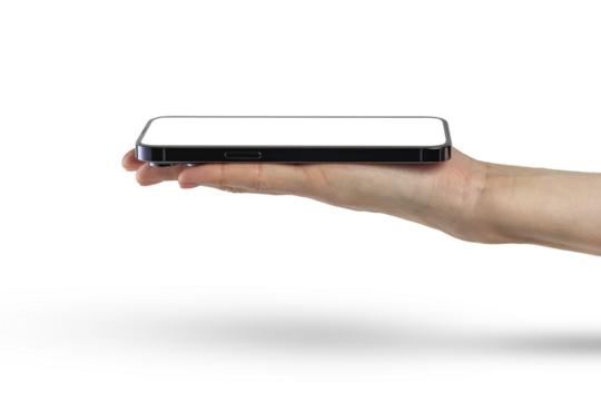Phone in hand isolate on PNG transparent background. A modern smartphone lies on the palm with the screen up, side view, mockup for insertion into the project.