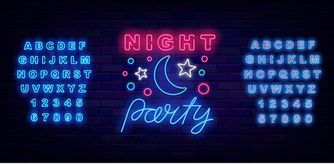 Night party neon label. Glowing moon and stars on brick wall. Luminous flyer. Shiny blue alphabet. Vector illustration