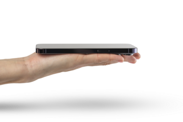 Phone in hand isolate on PNG transparent background. A modern smartphone lies on the palm with the screen up, side view, mockup for insertion into the project.