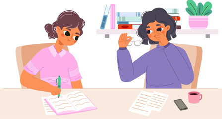 Teacher and student. Study at home, tutor teaching young girl teenager. Tired mother and daughter doing school homework, vector education concept