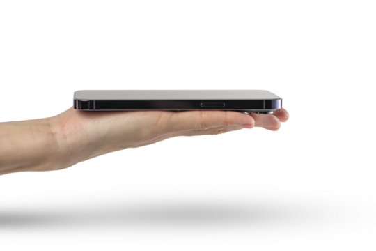 Phone in hand isolate on PNG transparent background. A modern smartphone lies on the palm with the screen up, side view, mockup for insertion into the project.