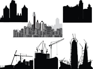 set of six black house buildings and cranes on white