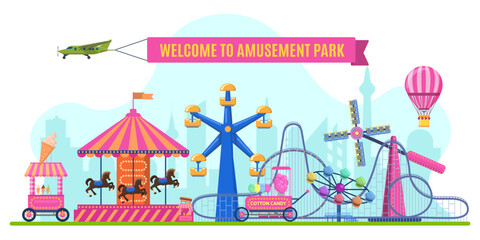 Amusement park landscape with rollercoaster, ferris wheel, merry-go-round. Outdoor carousels for entertainment