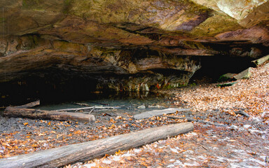 Wet and cold stone cave with leafy floor.