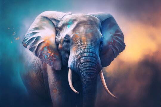  a painting of an elephant with blue and orange paint on it's face and tusks and tusks on its head.  generative ai