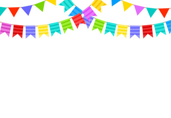 Birthday bunting flags. Hanging bright festive garlands for party celebration. Cartoon colorful elements