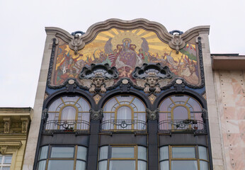 The facade of the Turkish Bank House with a colorful mosaic in the Art Nouveau style