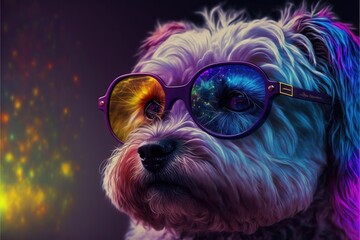  a dog wearing glasses with a colorful background behind it and a star filled sky behind it, with a bright light shining on the dog's face.  generative ai