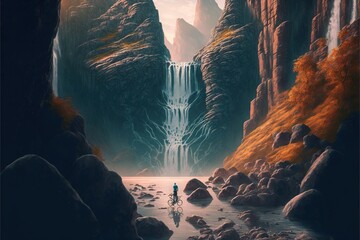  a man standing in a river next to a waterfall under a cloudy sky with a waterfall in the background and a person standing in the water.  generative ai