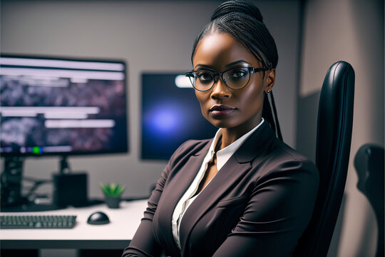 
a random black woman with glasses in a suit in an office standing in front of computer screens, open space, teamwork, business, corporate made with generativ Ai