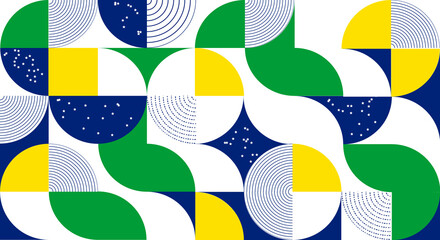 Abstract modern geometric background from simple geometric shapes, circles, circles. The colors of the flag of Brazil are green, blue, yellow.
