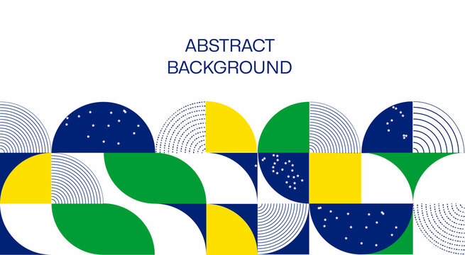 Abstract modern geometric background from simple geometric shapes, circles, circles. The colors of the flag of Brazil are green, blue, yellow.