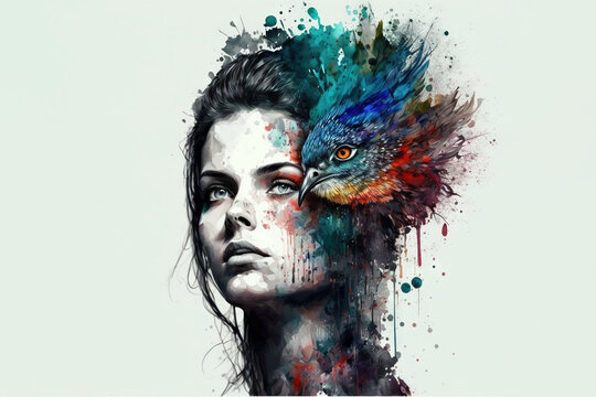  a woman with a bird on her head and a bird on her shoulder, painted in watercolors and inks, is looking to the side.  generative ai