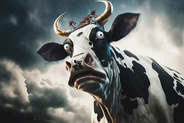 Crazy looking cow with wide eyes. Mad cow disease. Generative AI