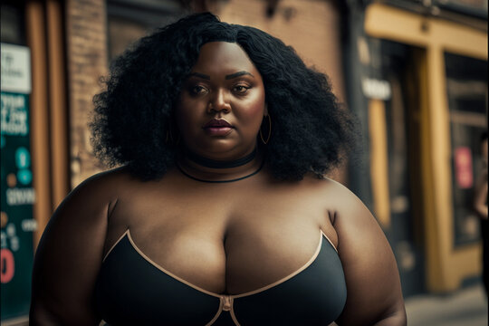 Plus sized African American woman with black hair. Generative AI