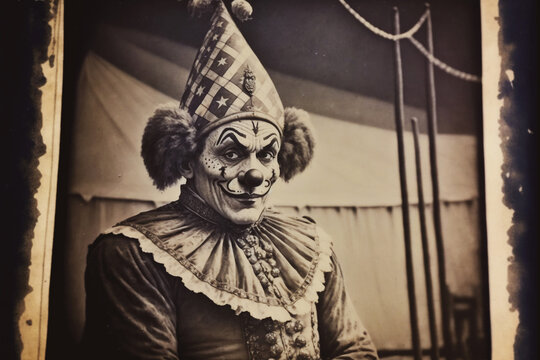 Vintage photo of a Russian clown in an old circus tent. Generative AI