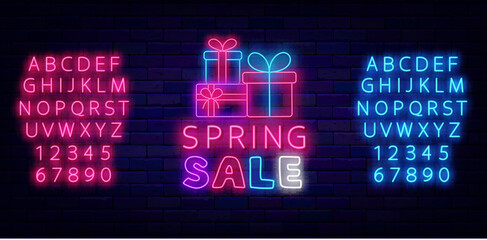 Spring sale neon signboard. Presents stack. Season special offer. Shopping advertising. Vector stock illustration