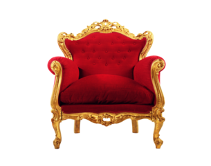 Comfortable and elegant golden armchair with red velvet cushions