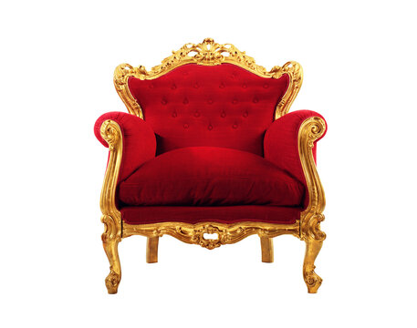 Comfortable and elegant golden armchair with red velvet cushions
