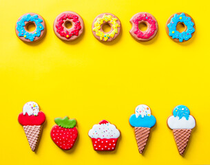 gingerbread on the edge on a yellow background place for text. High quality photo Flatly