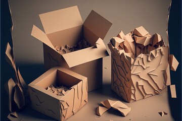  a group of cardboard boxes with broken pieces of them on a table top with a black background and a blue frame around the edges of the boxes.  generative ai