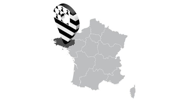 Location Brittany  on map France. 3d Brittany flag map marker location pin. Map of France showing different parts. Animated map regions of France. 4K.  Video