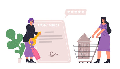 People buying residential property concept. Estate agent with key from new house. Woman with building in cart, signing contract