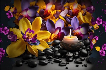 Obraz na płótnie Canvas a lit candle surrounded by flowers and rocks on a black surface with water droplets on the bottom of the image and a black background with purple and yellow flowers. generative ai