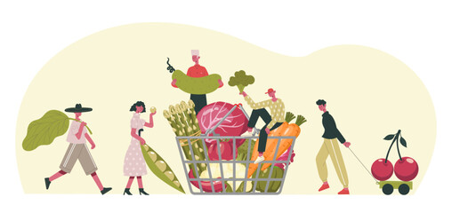 People carrying raw ingredients, vegetable fruits. Tiny female and male characters holding veggies, putting into basket