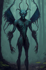 a creepy looking creature standing in the middle of a forest, character concept art  illustration 
