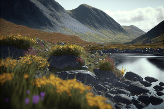  a digital painting of a mountain lake surrounded by rocks and grass with yellow flowers in the foreground and a mountain range in the background.  generative ai