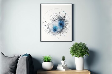  a living room with a couch and a table with a plant on it and a picture hanging on the wall above the table with a potted plant.  generative ai