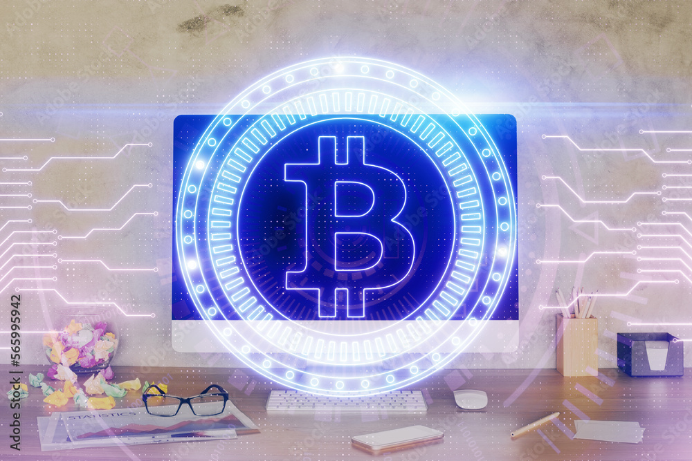 Poster Double exposure of blockchain and crypto economy theme hologram and table with computer background. Concept of bitcoin cryptocurrency.