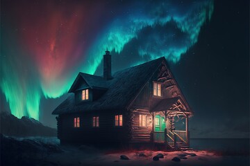  a cabin in the middle of a night with the aurora lights in the sky above it and a staircase leading up to the cabin door.  generative ai