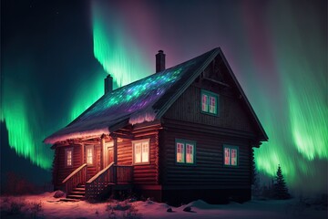  a log cabin with a green aurora lights in the background and a staircase leading up to the roof of the cabin in the foreground.  generative ai