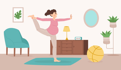 Pregnant woman practicing yoga. Young female character with belly, standing in balance, stretching. Future mom doing sport