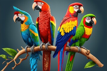  a group of colorful parrots sitting on top of a tree branch with a blue background and a black background behind them with a black border.  generative ai