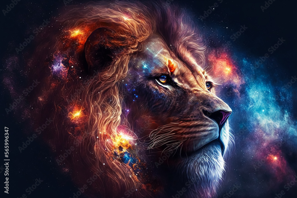 Wall mural Lion galaxy nebulae face of Cosmic Lion. Generative AI