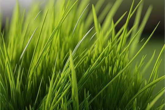  a close up of some green grass with a blurry back ground in the background of the grass is a blurry image of the grass.  generative ai