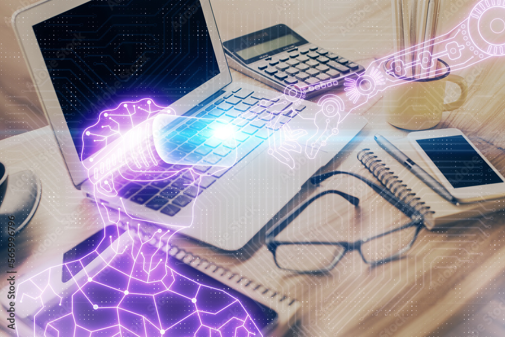 Aufkleber Computer on desktop with AR theme icon. Multi exposure. Concept of augmented reality.