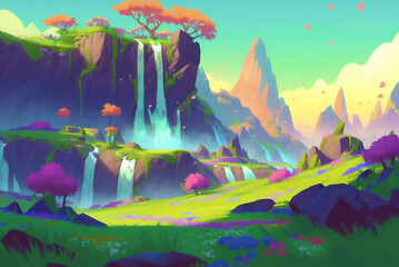 Plakat Fantasy Landscape with majestic trees, rocky cliffs, and waterfalls in the style of Japanse anime cel-shading.