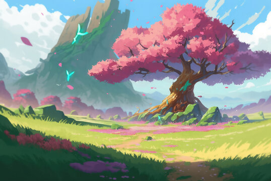 Fantasy Landscape with majestic trees, rocky cliffs, and waterfalls in the style of Japanse anime cel-shading.
