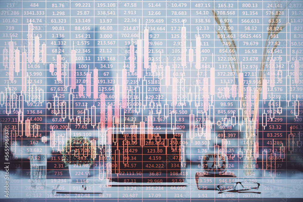 Poster double exposure of forex chart and work space with computer. concept of international online trading