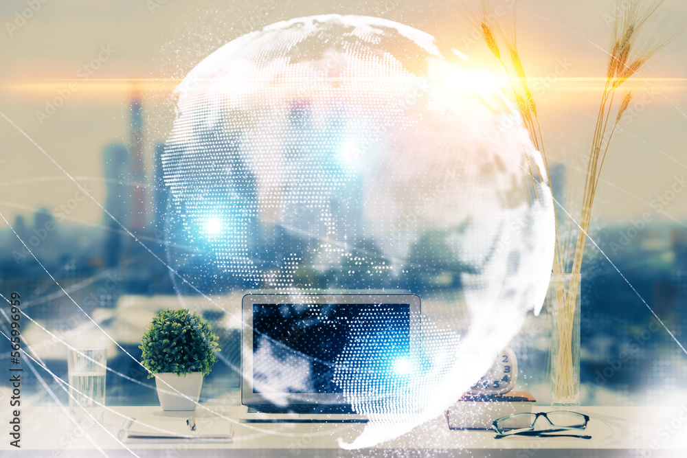 Poster double exposure of business theme icons and work space with computer background. concept of success.